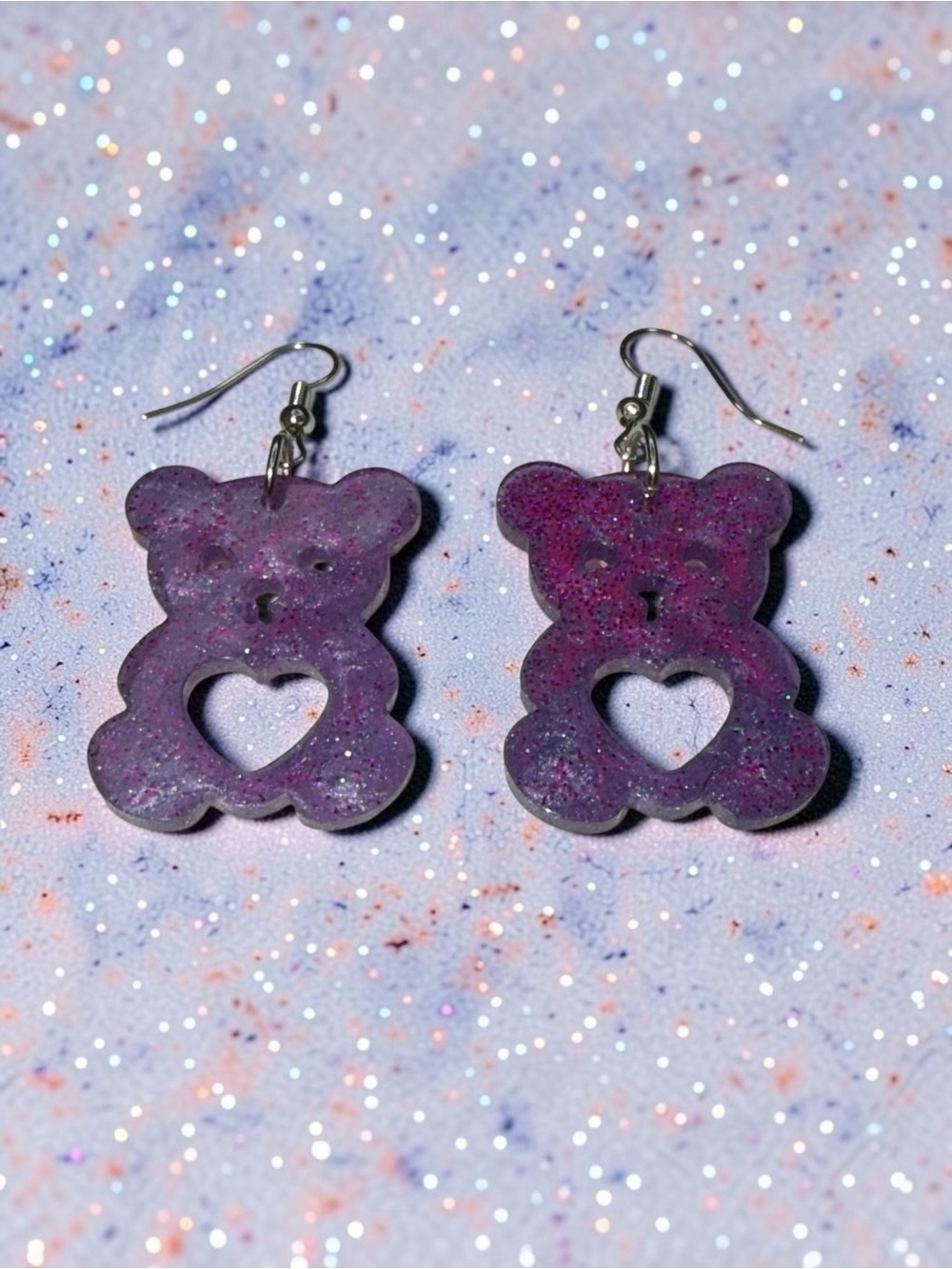 Handmade Purple Glitter Teddy Bear Heart Resin Dangle Earrings